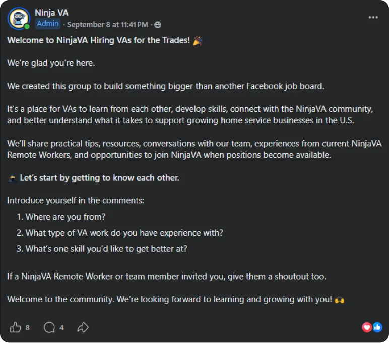 Welcome post in the NinjaVA Hiring VAs for the Trades group
